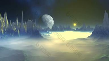 神秘的外星人<strong>星球</strong>。明亮的黄色太阳升起在一个岩石雾蒙蒙的<strong>星球</strong>上。在黑暗的星空中, 星云和地平线上的一个大月亮。雾慢慢散去.